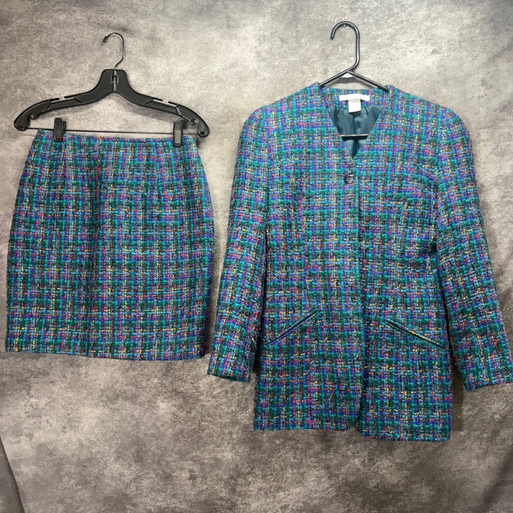 The Limited Vintage 90s Tweed Plaid Blazer Skirt Suit Set Womens S 6 Teal Purple